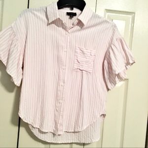 Pink and white striped button up work blouse
